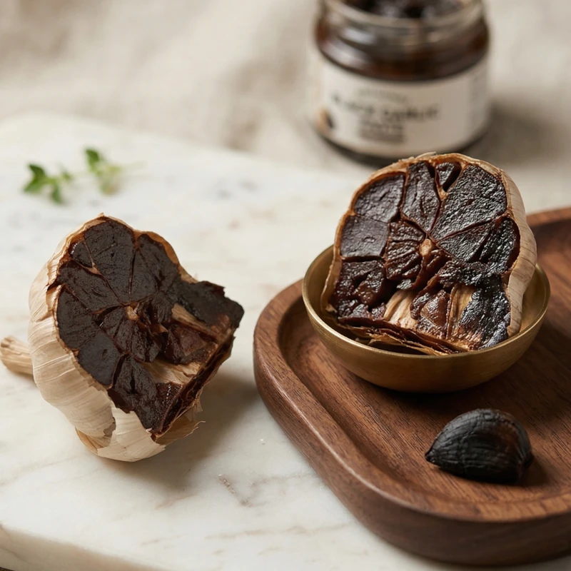 rozkrojona główka czarnego czosnku